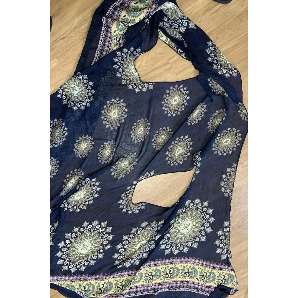 Scarf Vest Long Flowy Sleeveless Navy Print Silky One Size Boho Asymetrical